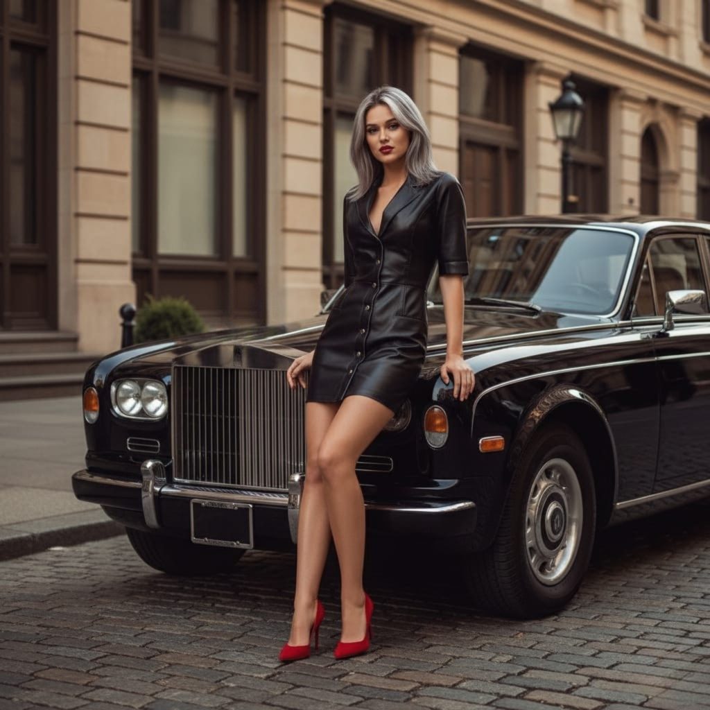 Real Person Black Leather Blazer Dress Header 2