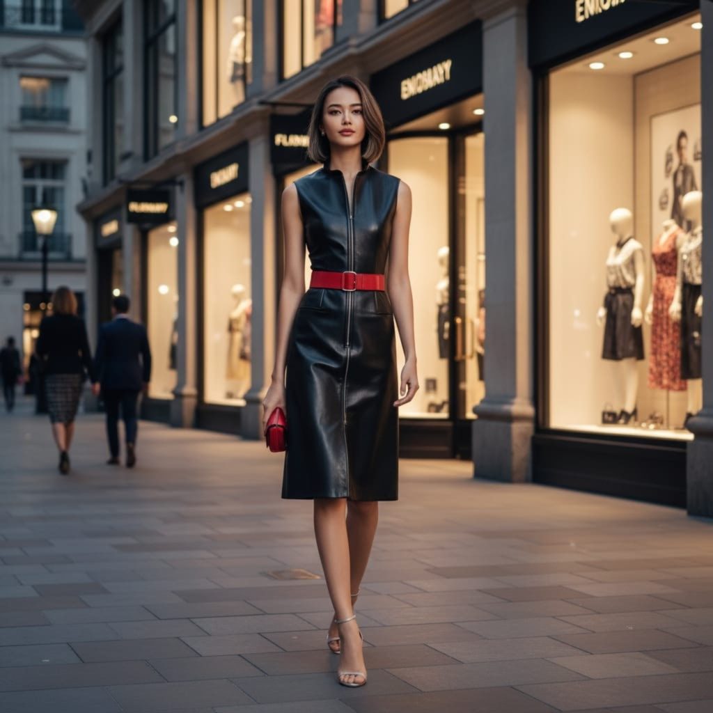 Real Person Sleeveless Leather Dress With Belt Header
