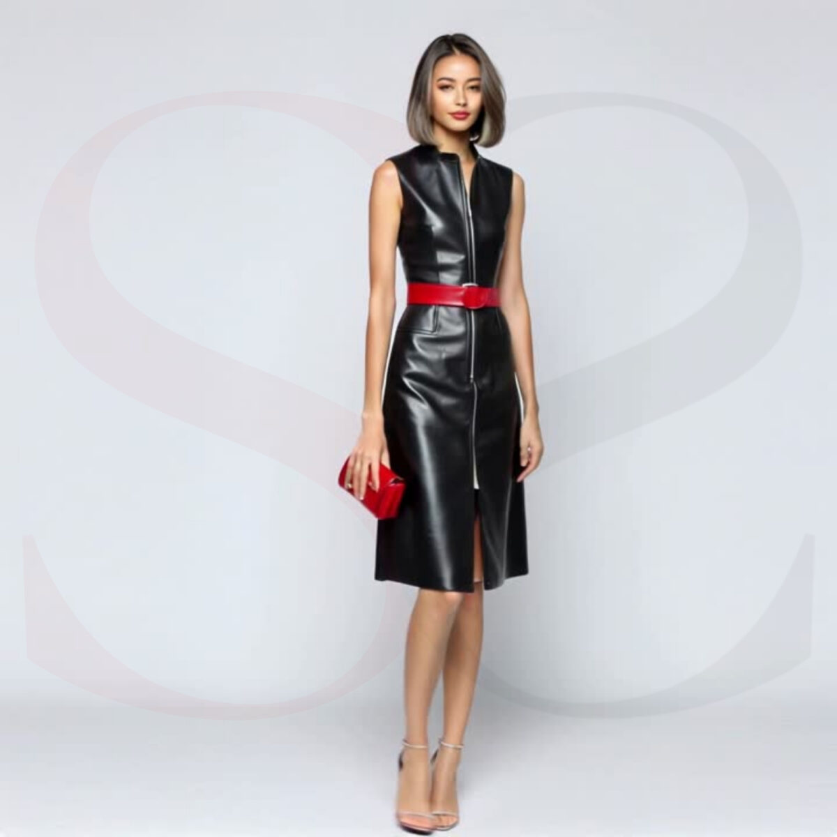 Sleeveless Leather Dress With Belt