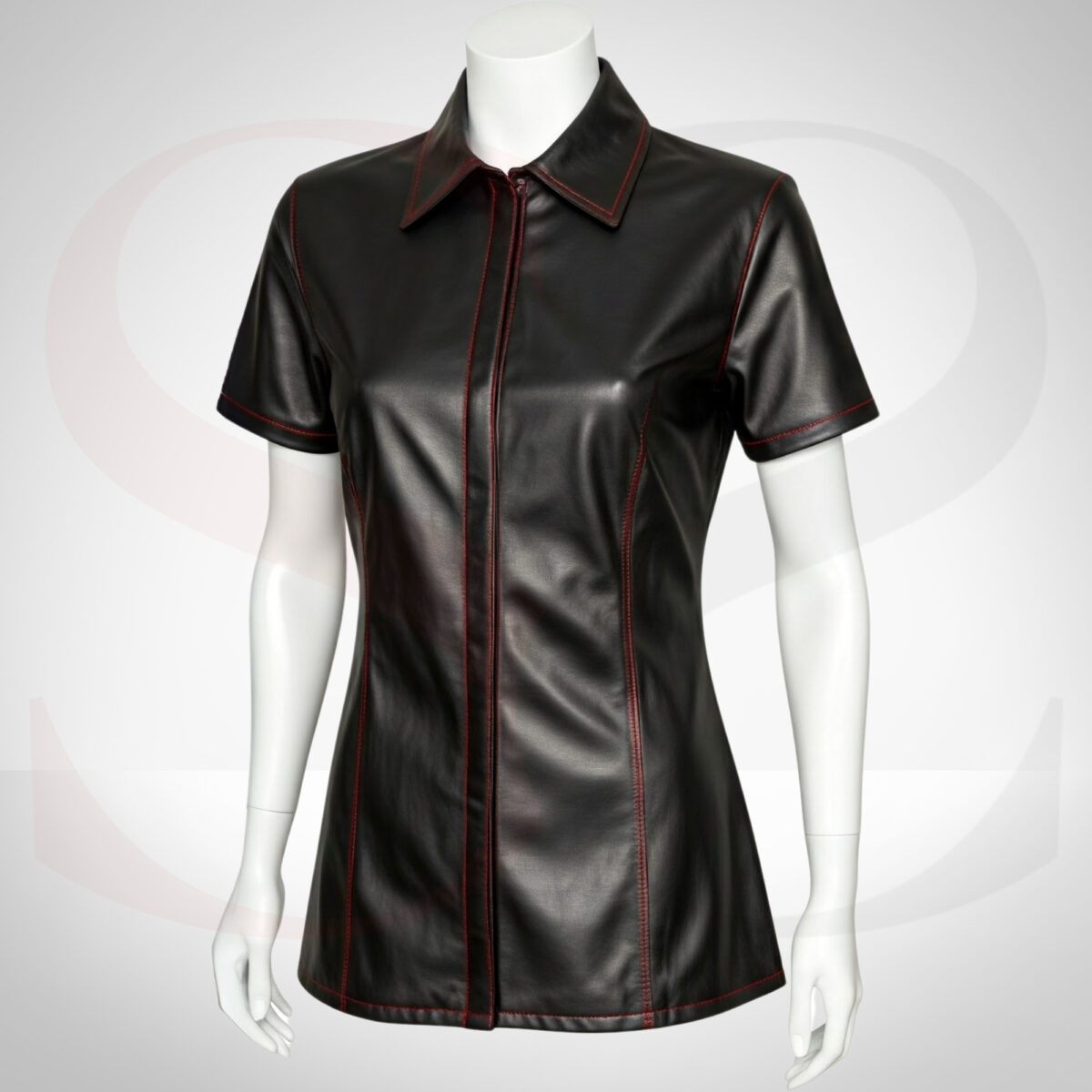 Black Leather Short Sleeve Button Up