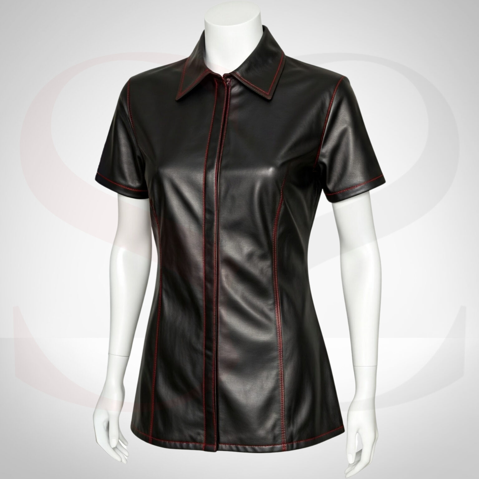Black Leather Short Sleeve Button Up