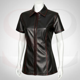 Black Leather Short Sleeve Button Up