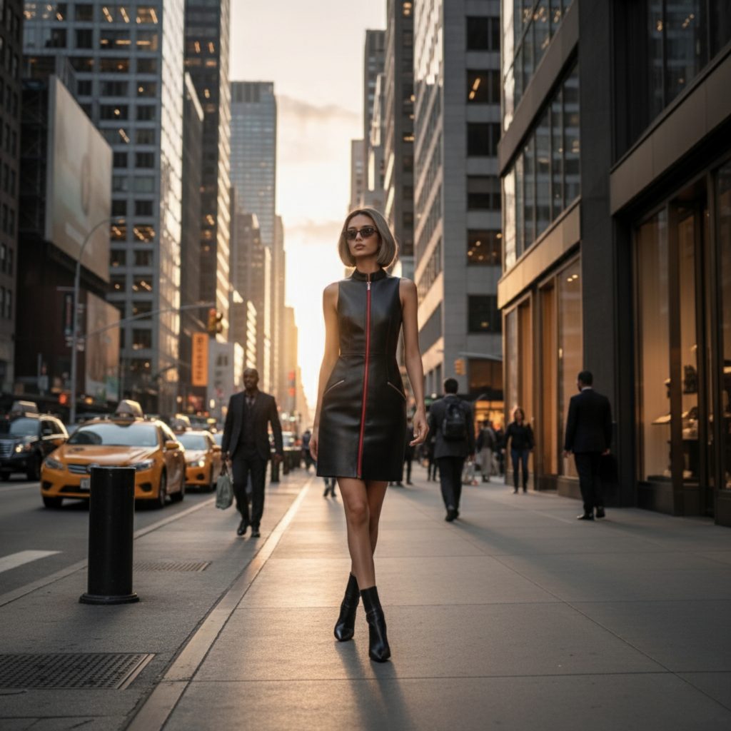 Real Person Black Leather Mini Dress Header