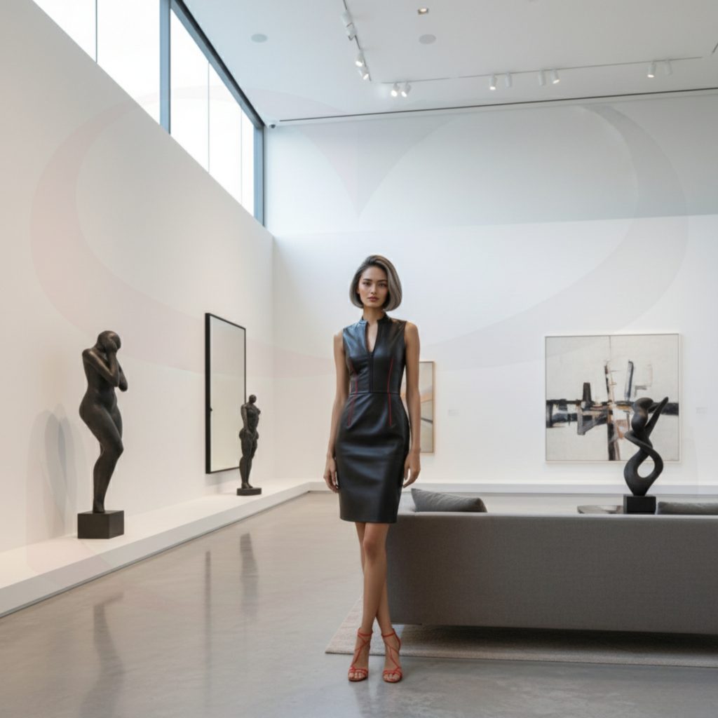 Real Person Black Leather Pencil Dress Header