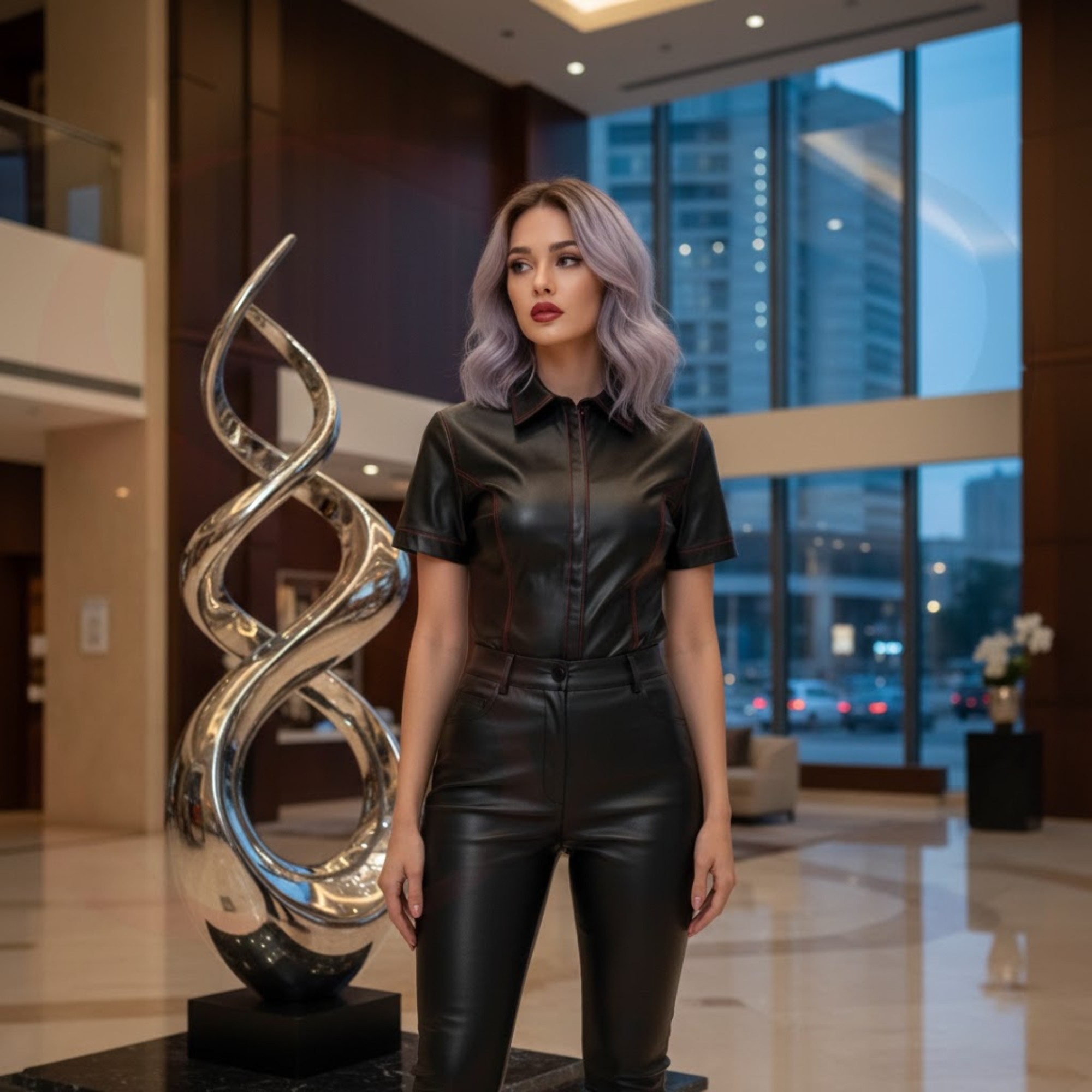 Real Person Black Leather Short Sleeve Button Up Header