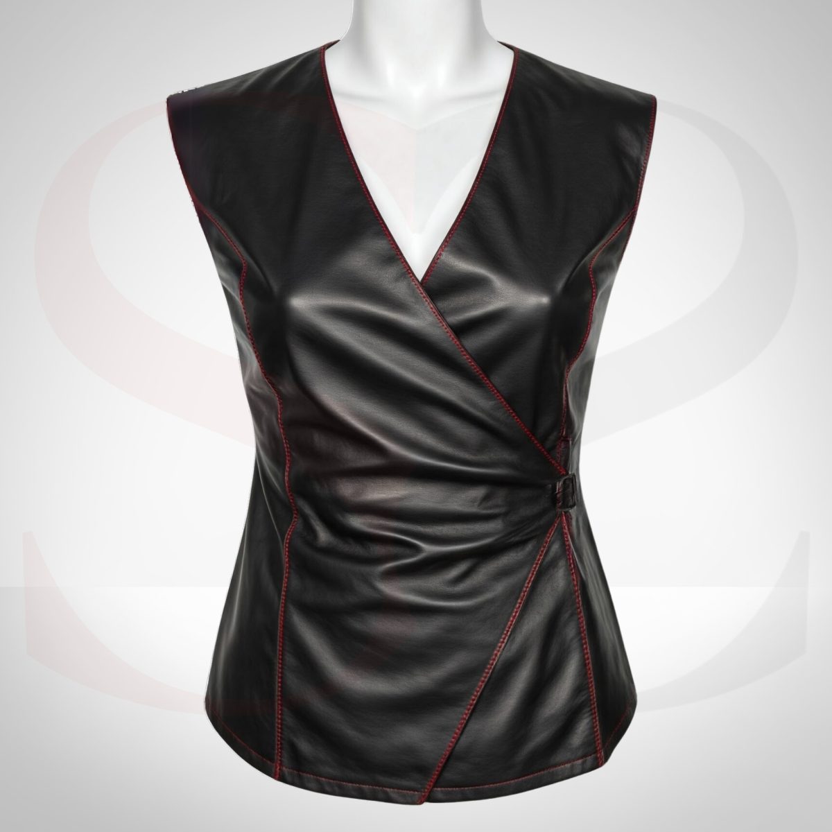 Black Leather Sleeveless Wrap Top