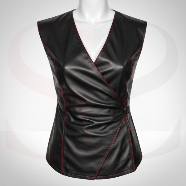 Black Leather Sleeveless Wrap Top
