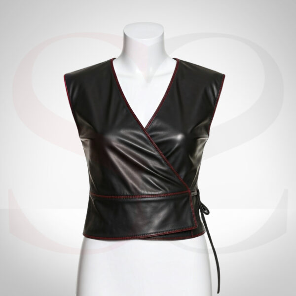 Designer Black Leather Wrap Top