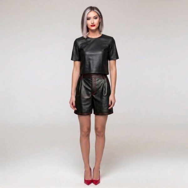 Iconic Black Leather Shorts Modal Front View
