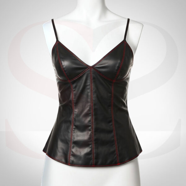 Leather Cami Top With Red Stitch