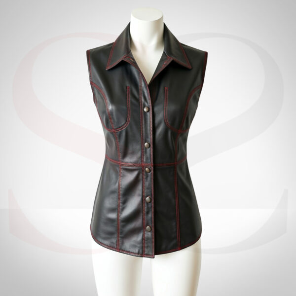 Leather Sleeveless Shirt With Red Stitch