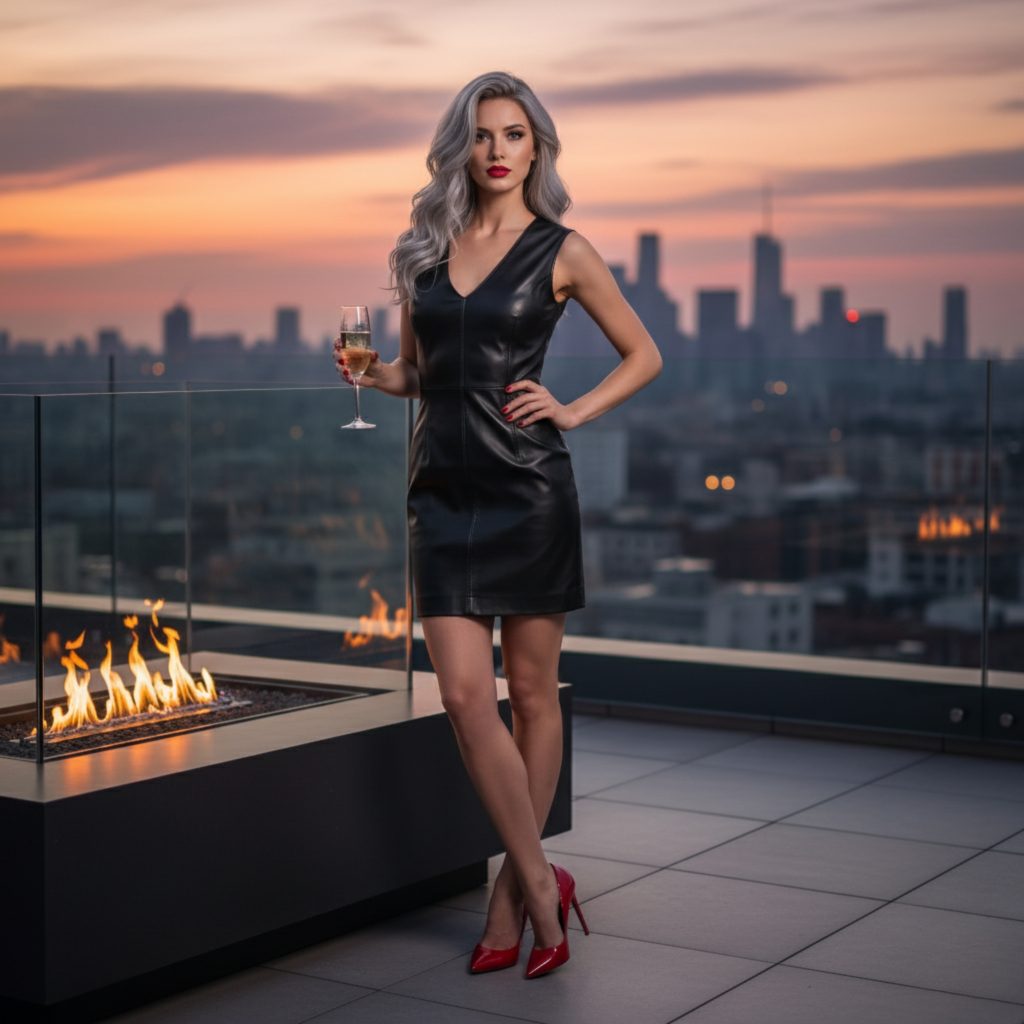 Real Person Black Leather Sleeveless Dress Header