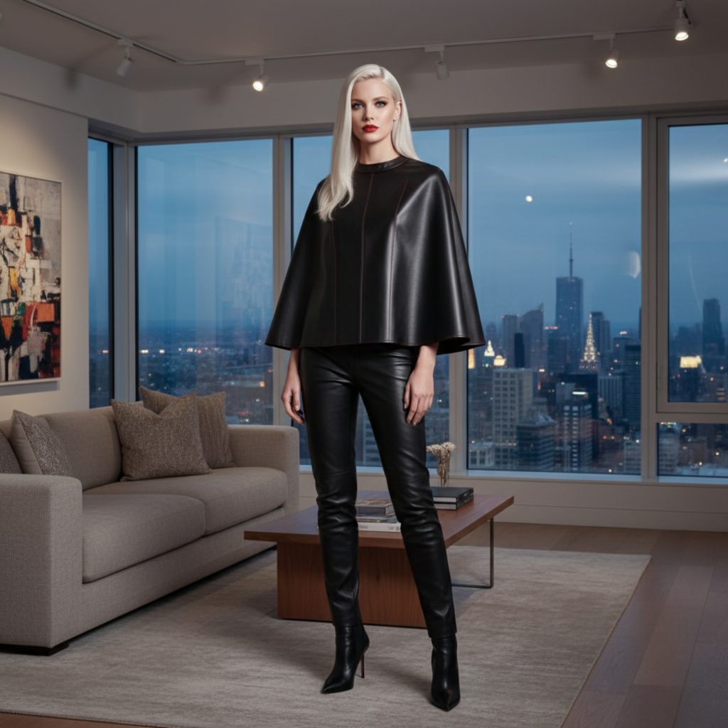 Real Person Luxury Black Leather Cape Header