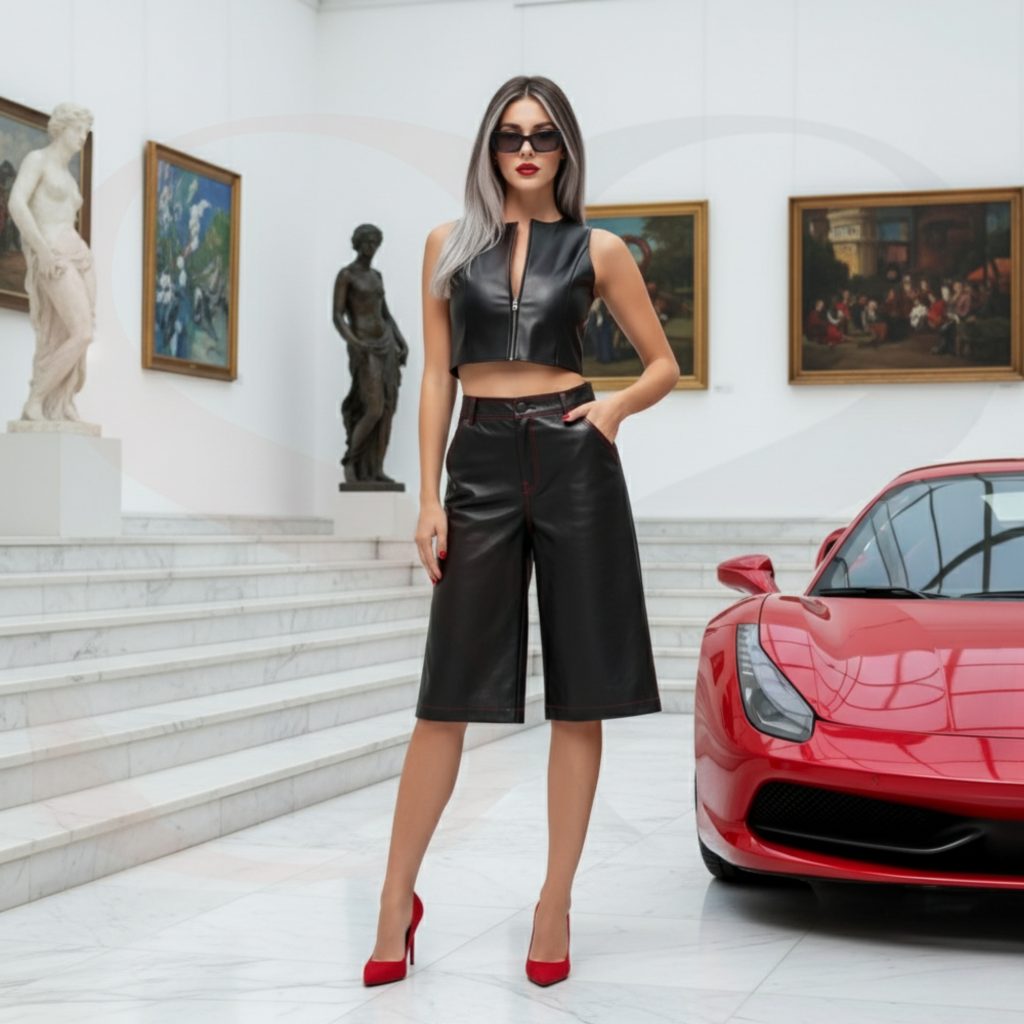 Real Person Stylish Leather Culottes Shorts Header