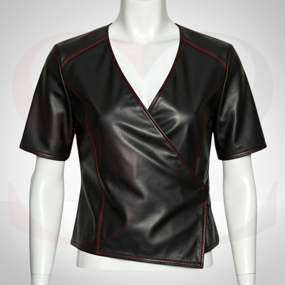 Short Sleeve Leather Wrap Top