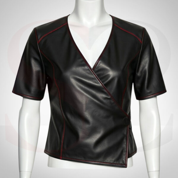 Short Sleeve Leather Wrap Top