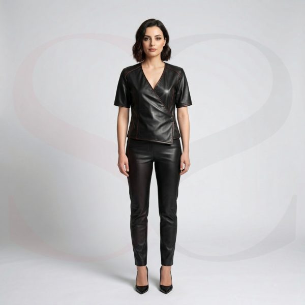 Short Sleeve Leather Wrap Top Modal Front View 2