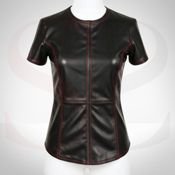 Womens Leather Round Neck T Shirt