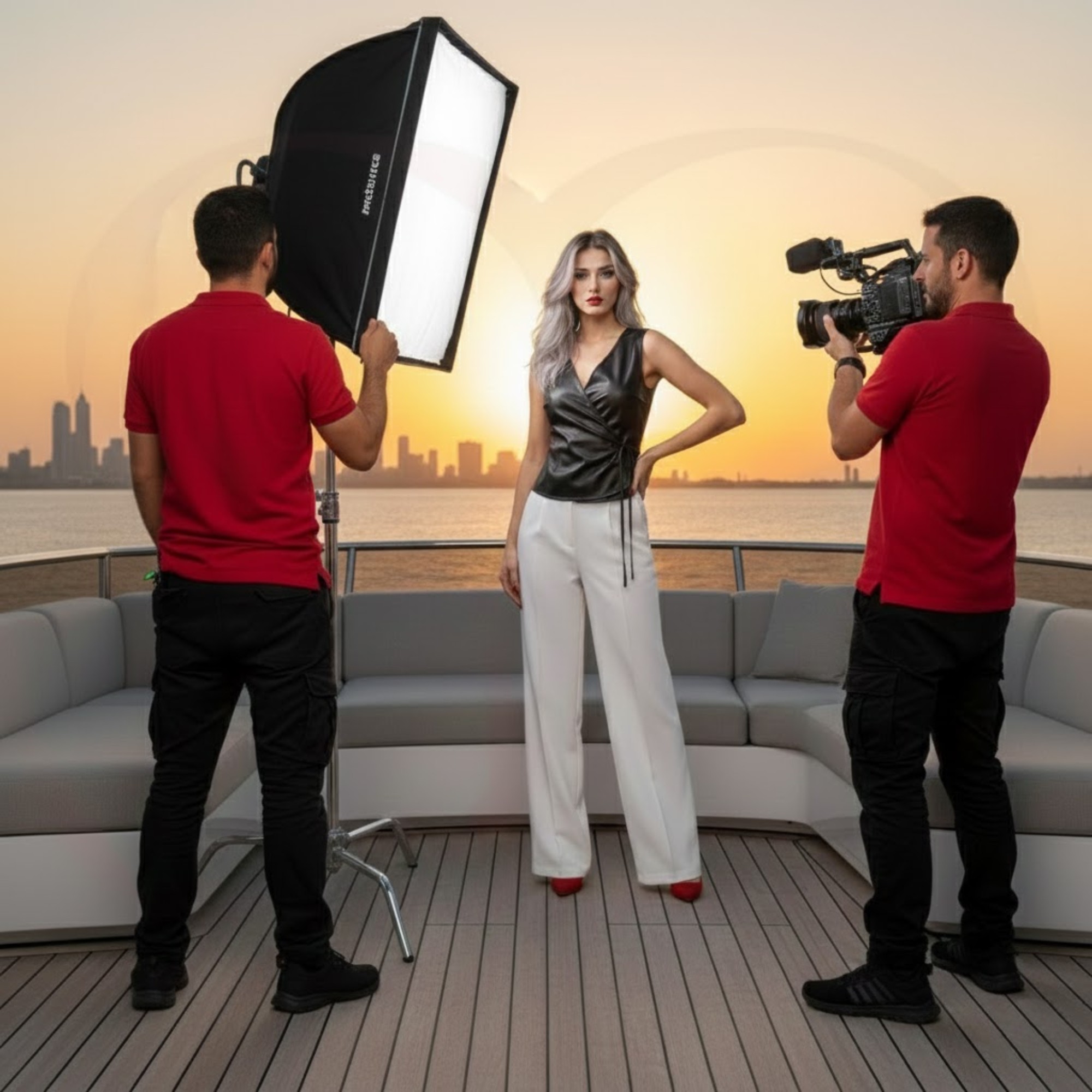 Behind the scenes of a photoshoot featuring the Women's Luxury Leather Wrap Top, showcasing its refined silhouette.