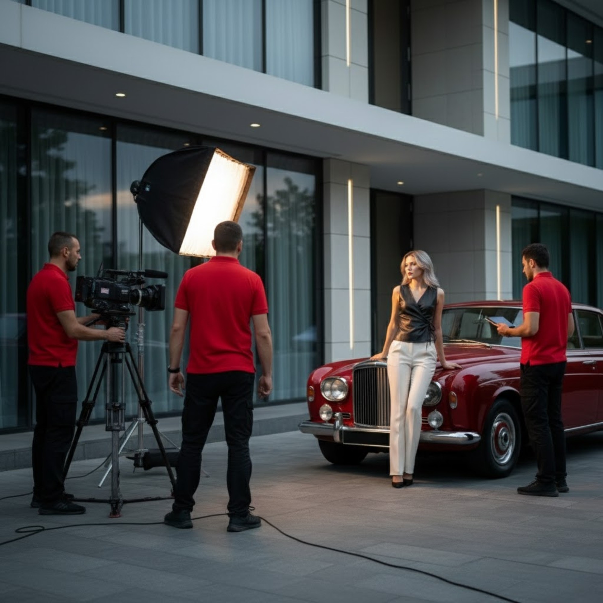 Behind the scenes of a photoshoot for the Women's Luxury Leather Wrap Top with a classic car.
