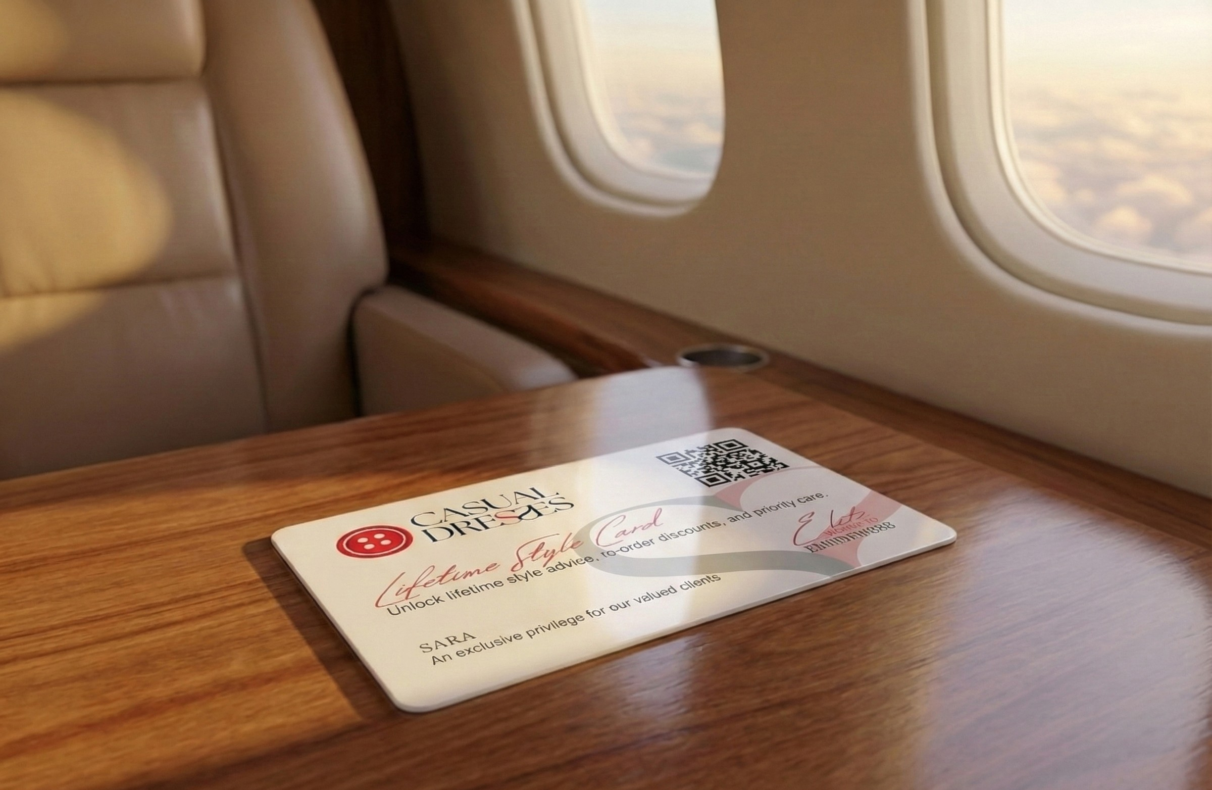 Woman in premium leather dress on private jet showcasing lifetime style privileges